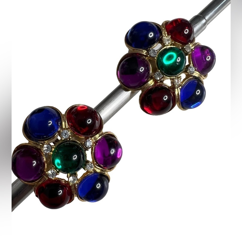 Vintage Oversized Gold Tone Body With Six Color Stones Earrings - Picture 3 of 7